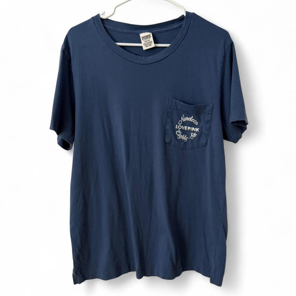 Victoria’s Secret PINK Blue & Silver bling campus pocket tee - Size L - Picture 1 of 4